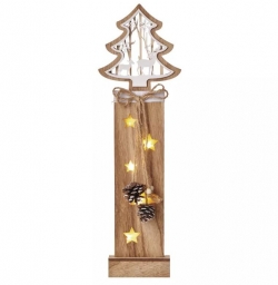 LED vianočný strom drevený, 48cm, 2× AA, teplá biela, čas.