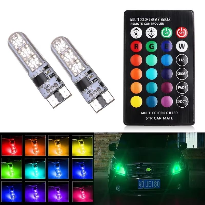 2× T10 W5W LED RGB žiarovky – 6× SMD 5050, RGB, DO, vodeodolné