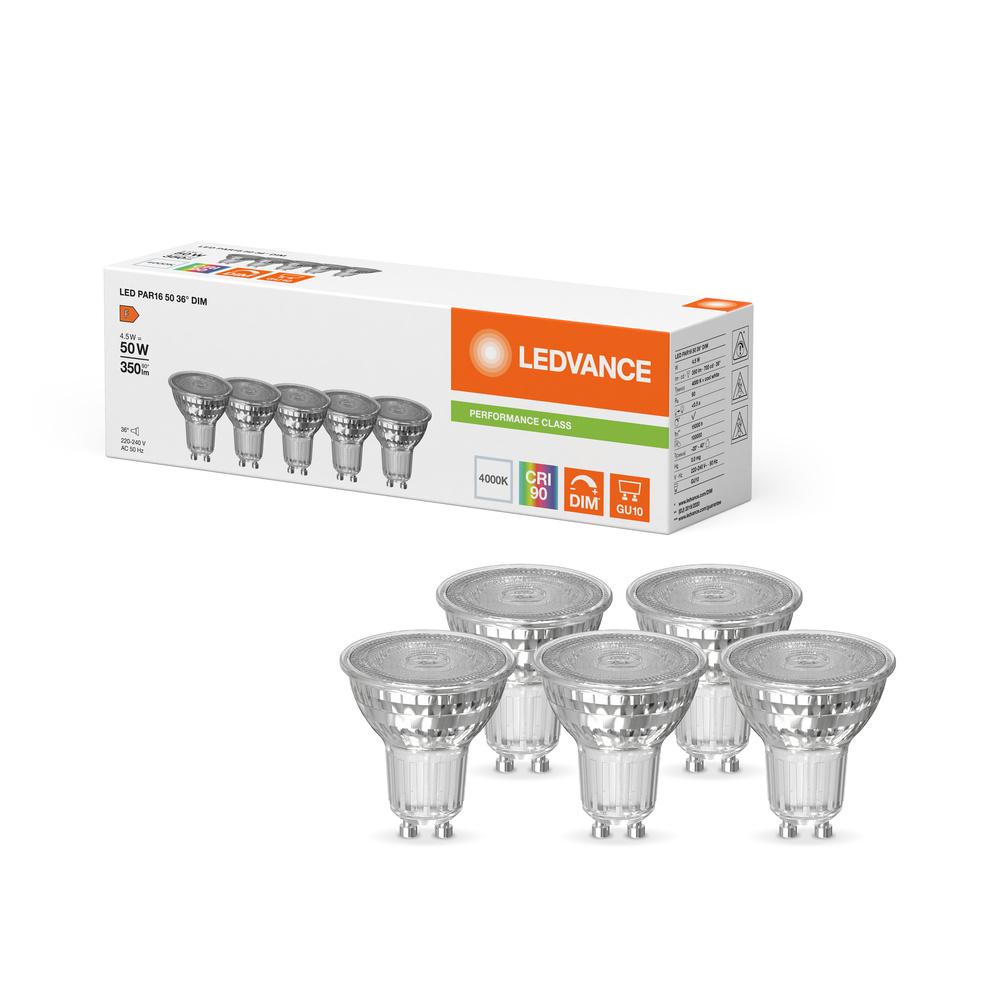 5x LED žiarovka LEDVANCE PAR16 GU10 4,5W, 350lm, 4000K, 36°, stmievateľná