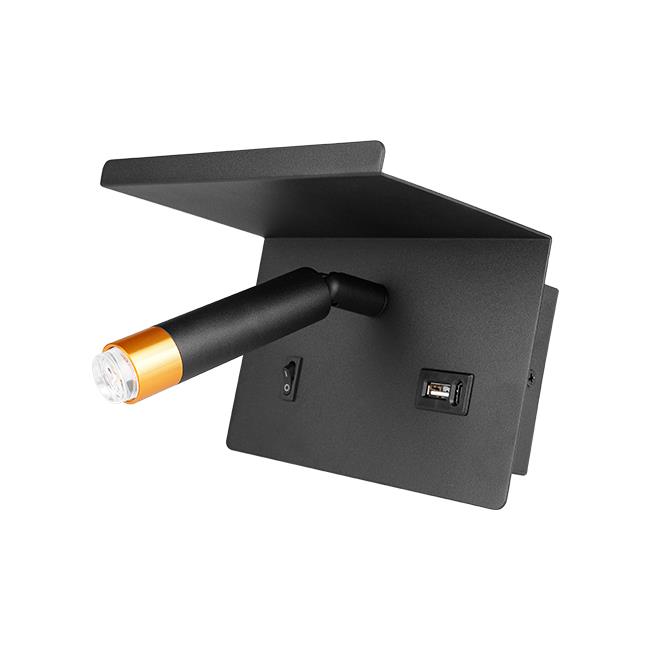 Čítacia lampa Piero G9 s USB poličkou, čierno-zlatá	