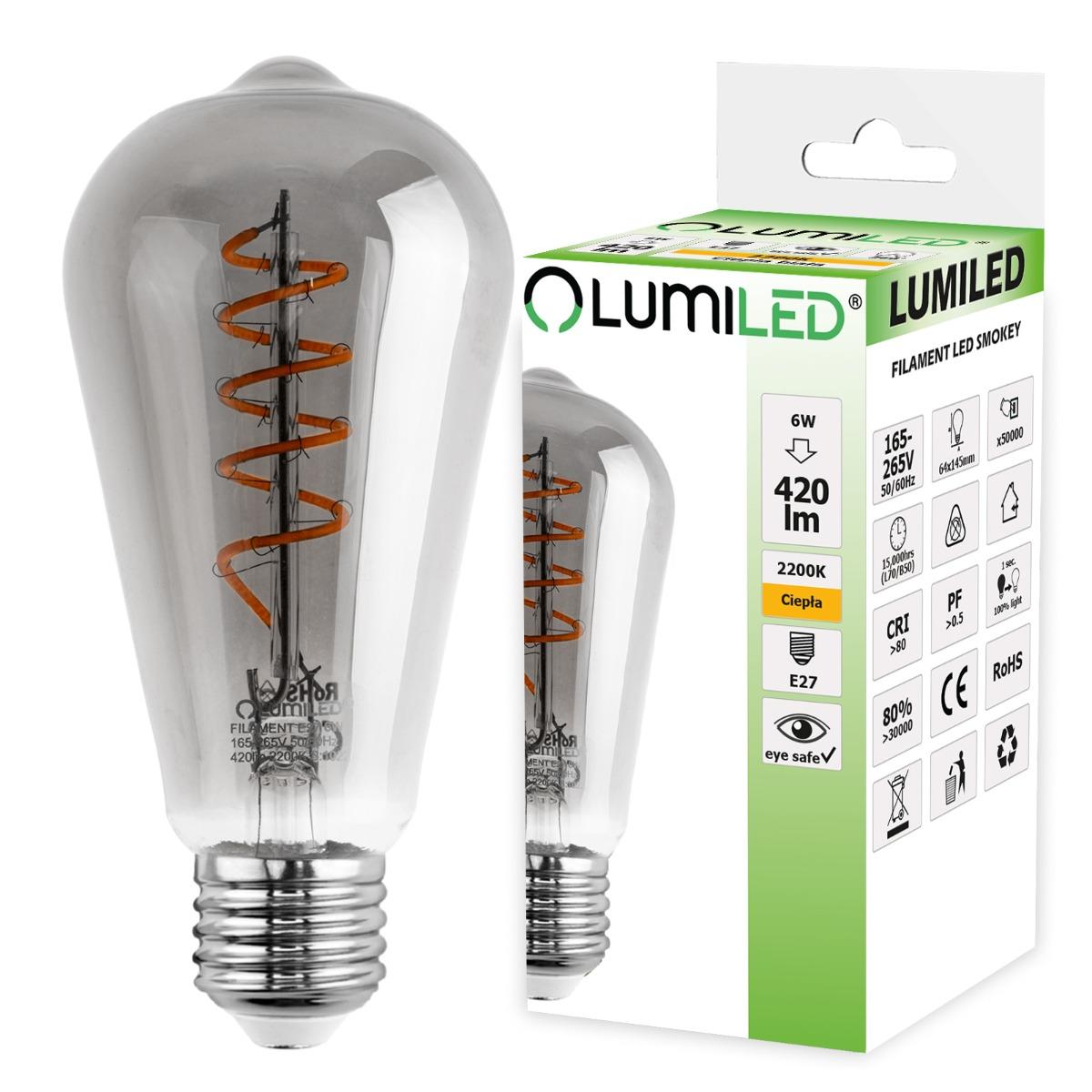 E27 LED EDISON ST64 6W 2200K TEPLÁ 360° FILAMENT LUMILED SMOKEY 