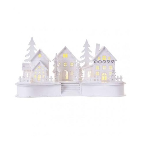 LED dekorácia drevená biela – dedinka, 16 cm, 2x AA, vnútorná, teplá biela, časovač