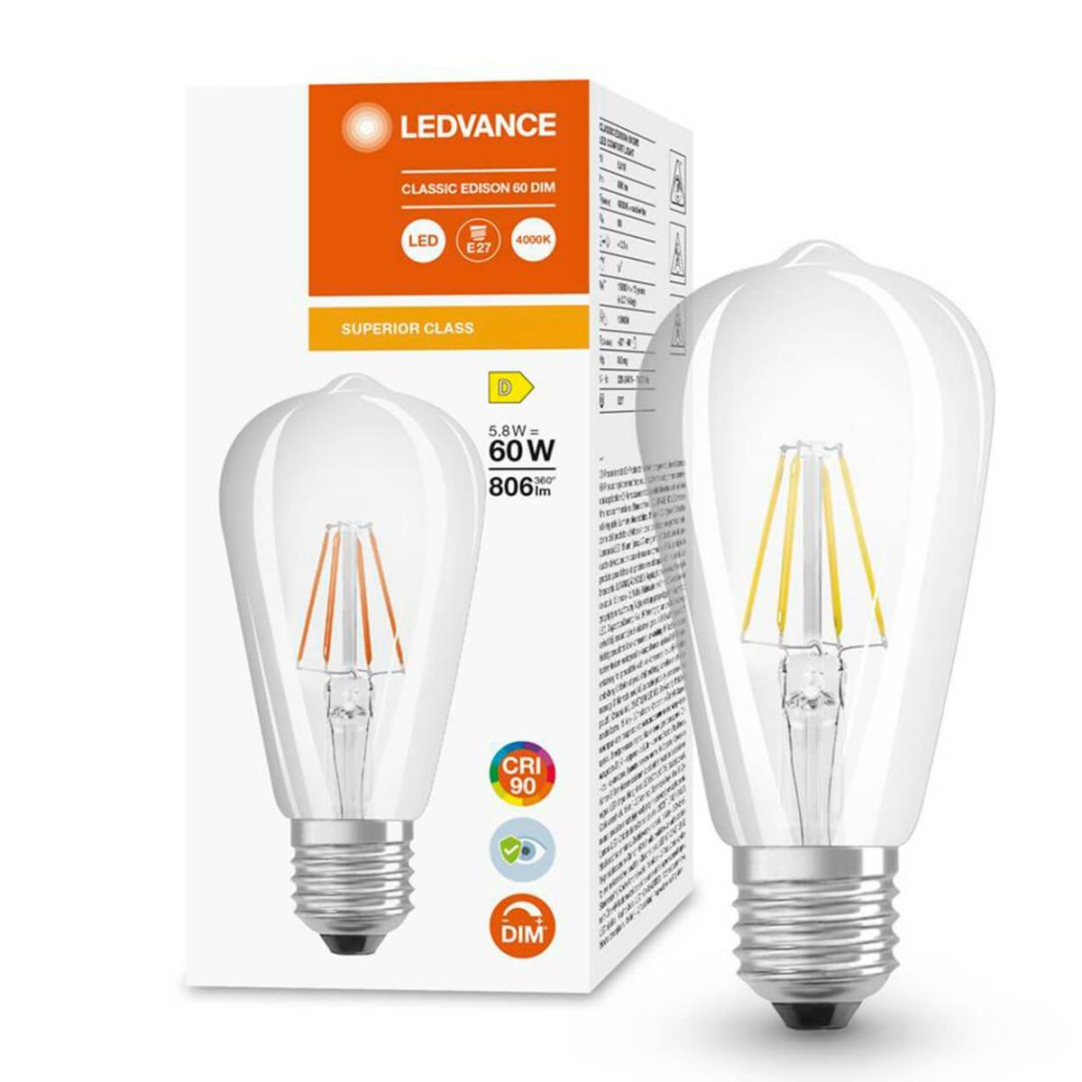 LED EDISON E27 ST64 5,8W NEUTRÁLNA BIELA 300° STMIEVATEĽNÉ VLÁKNO SUPERIOR