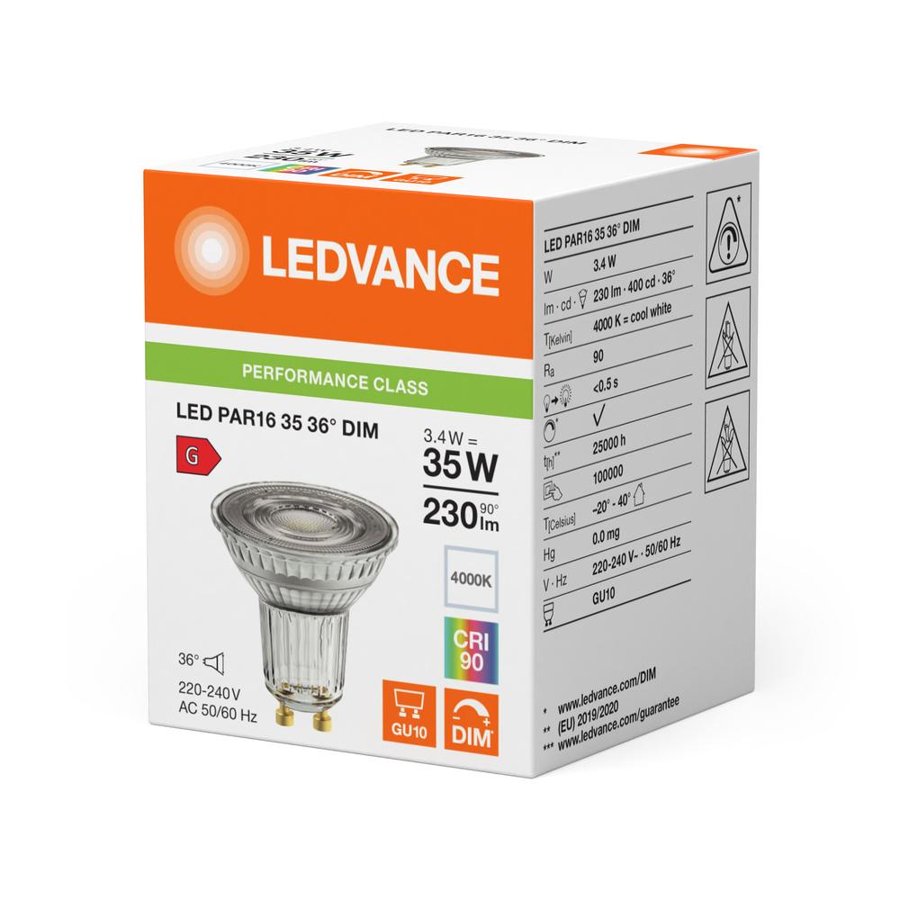 LED žiarovka LEDVANCE PAR16 GU10 3,4W (35W ekvivalent), 230 lm, 4000K neutrálna biela, 36°, stmievateľná