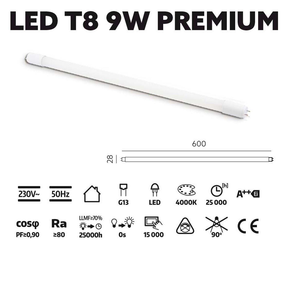 LED TRUBICA T8 9W 4000K 60CM SKLENENÁ PREMIUM