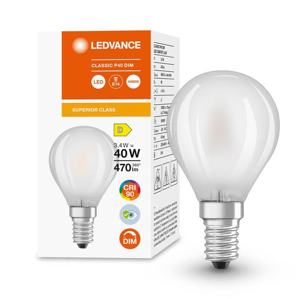 E14 LED P45 3,4W NEUTRÁLNA BIELA 360°FILAMENT MILK STMIEVATEĽNÁ LEDVANCE SUPERIOR