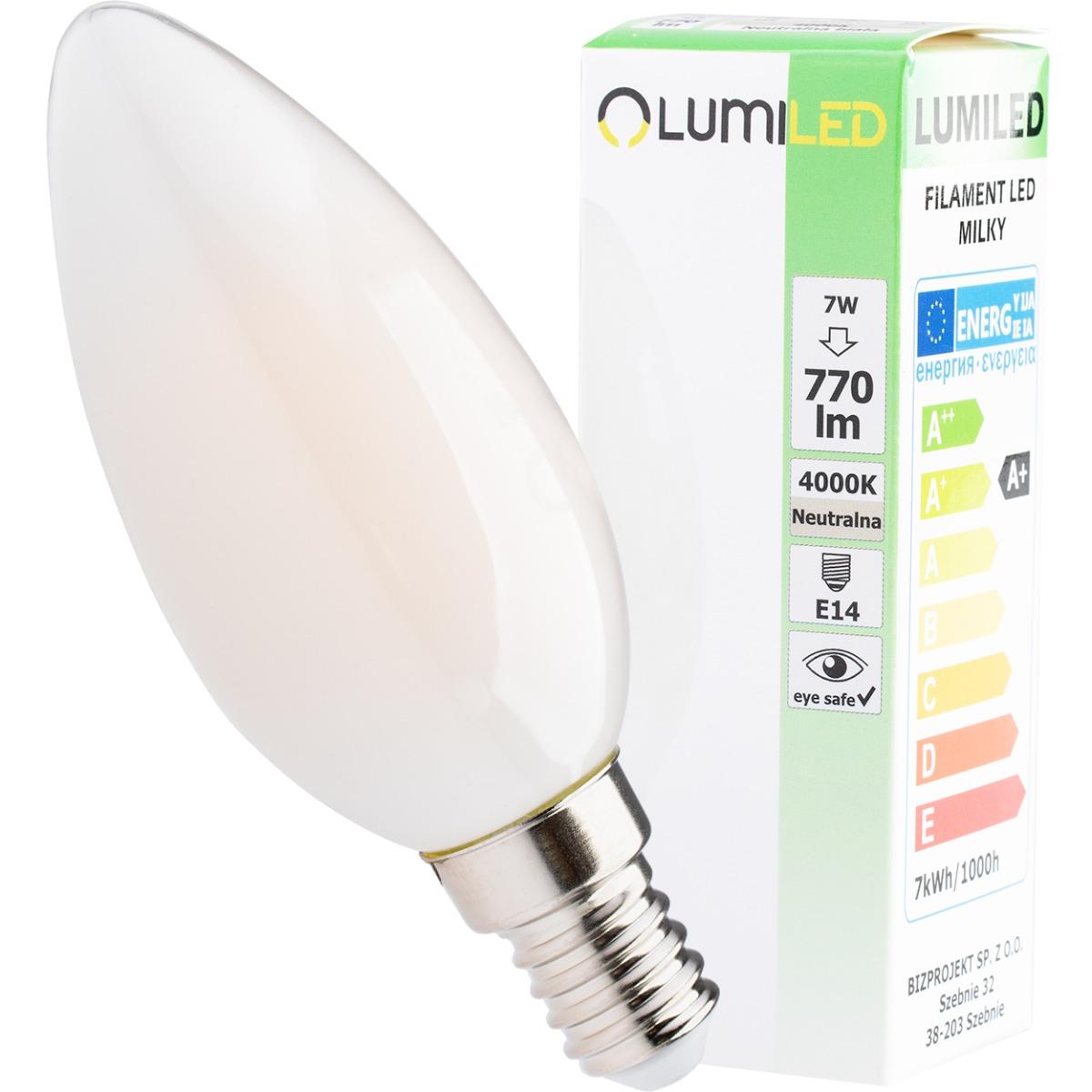 LED ŽIAROVKA E14 B35 7W = 60W 770LM 4000K NEUTRÁLNE 360° VLÁKNO LUMILED