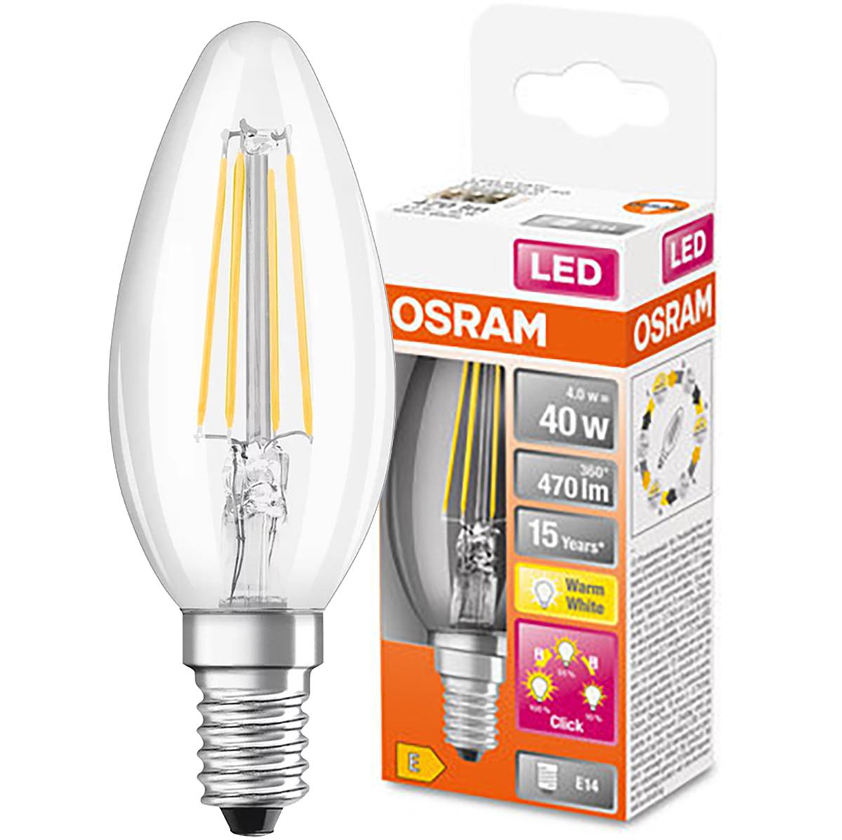 E14 LED B40 4WTEPLÁ BIELA 360° FILAMENT 3-STUPŇOVÁ STMIEVATEĽNÁ OSRAM STAR