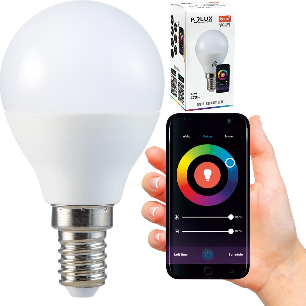 LED ŽIAROVKA E14 G45 5,5W 470LM 2700K-6500K RGB 150° POLUX SMART WIFI TUYA 