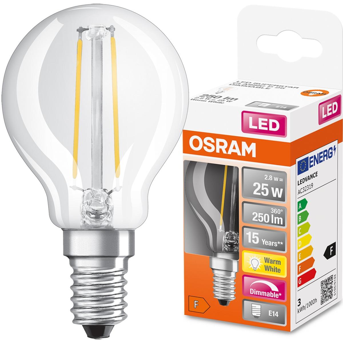 E14 LED STMIEVATEĽNÁ  P45 2,8W 2700K TEPLÁ 360° FILAMENT OSRAM SUPER STAR