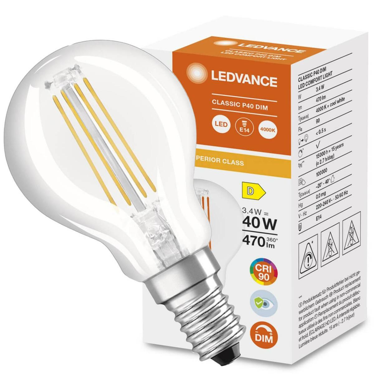 E14 LED P45 3,4WNEUTRÁLNA BIELA 360° STMIEVATEĽNÁ FILAMENT LEDVANCE SUPERIOR