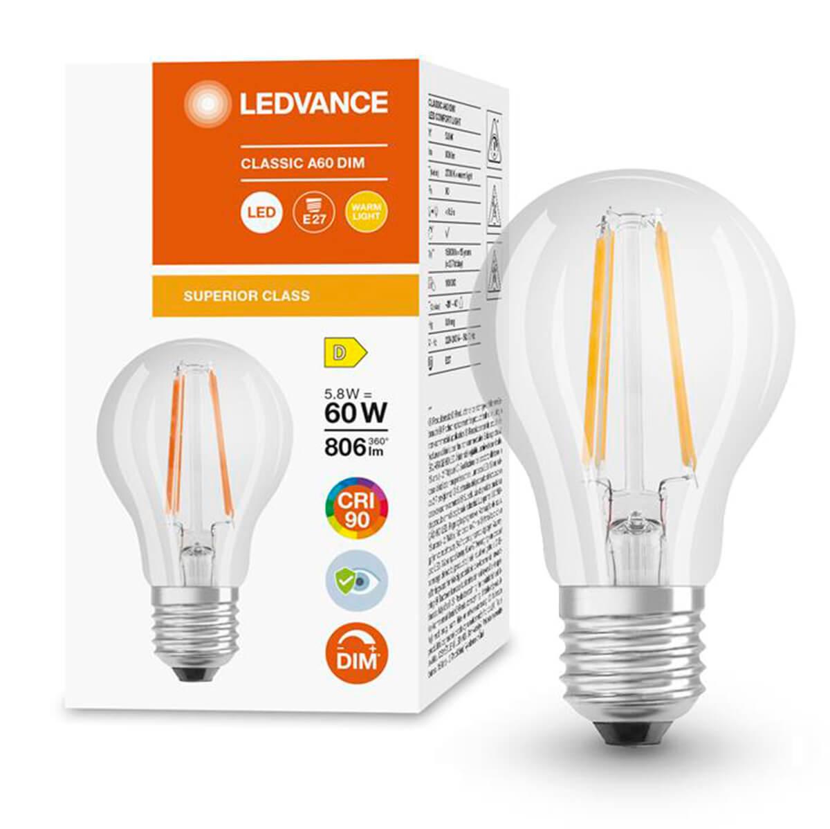 LED ŽIAROVKA E27 A60 5,8W = 60W 806LM 2700K WARM 360° CRI90 FILAMENT STMIEVATEĽNÉ LEDVANCE SUPERIOR