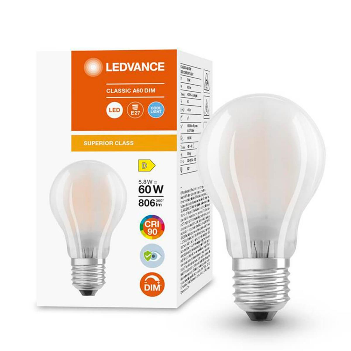 LED ŽIAROVKA E27 A60 5,8W NEUTRÁLNA BIELA 360° CRI90 VLÁKNO MLIEKO STMIEVATEĽNÉ