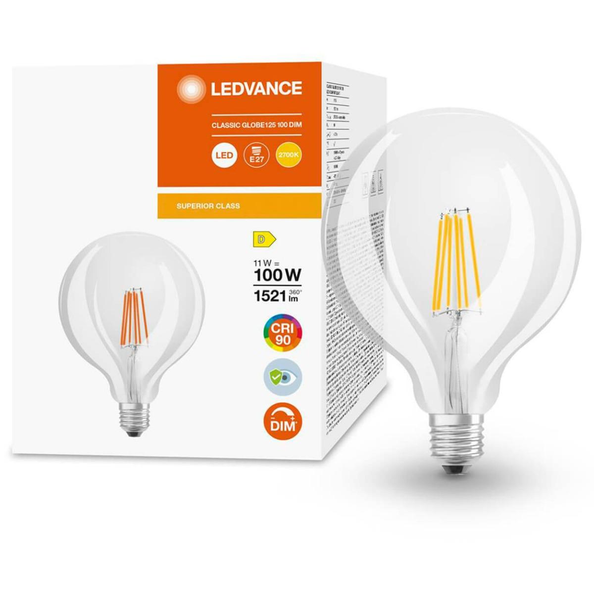 LED ŽIAROVKA E27 G125 11W = 100W 1521LM 2700K WARM 360° CRI90 STMIEVATEĽNÉ LEDVANCE SUPERIOR