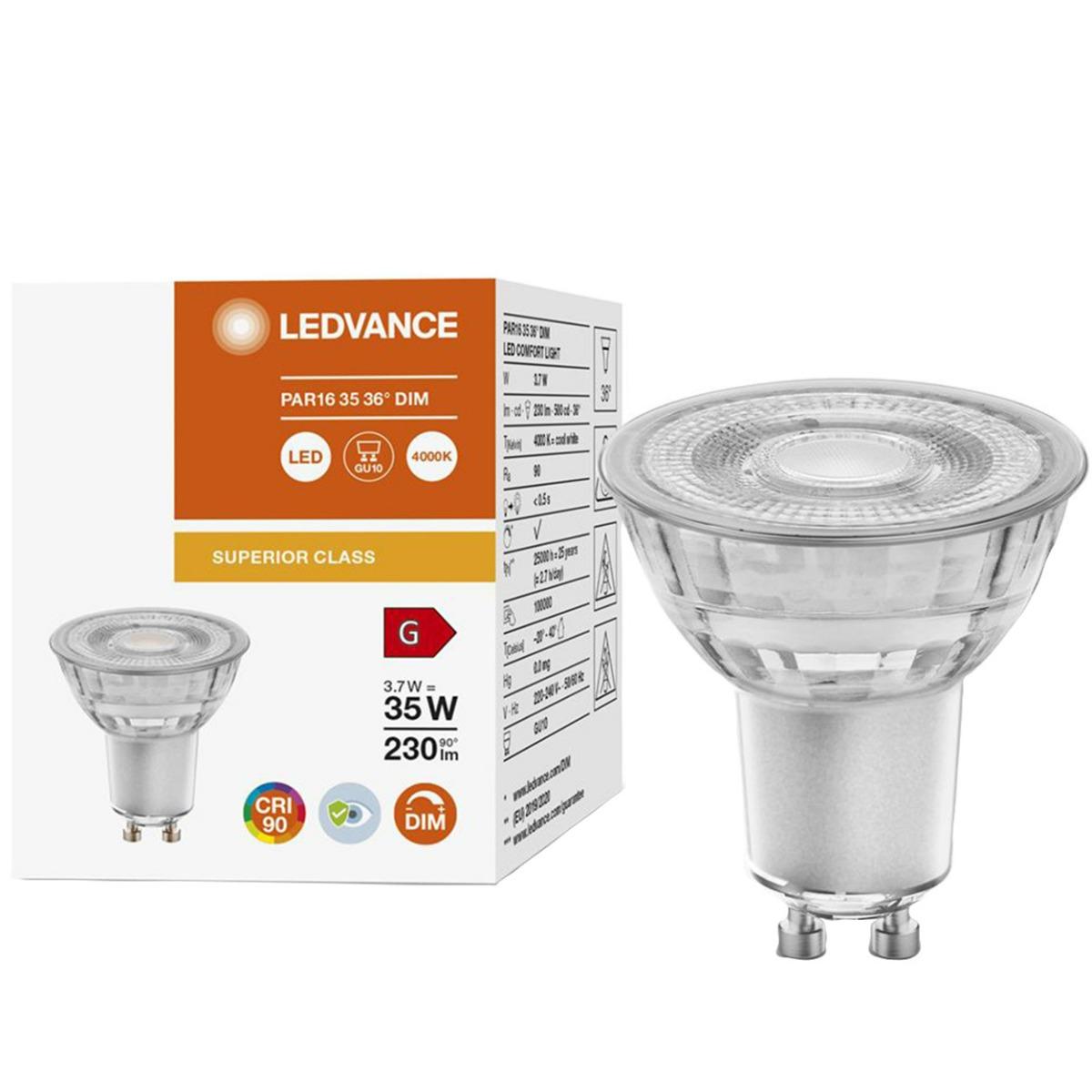 LED ŽIAROVKA GU10 3,7W NEUTRÁLNA BIELA 36° STMIEVATEĽNÉ SKLO LEDVANCE