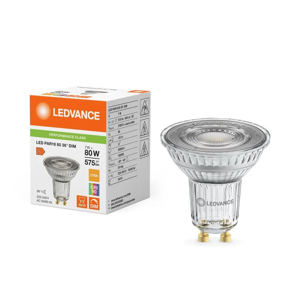 LED žiarovka GU10 PAR16 7W, 575lm 2700K, 36° CRI90 Stmievateľná – Ledvance