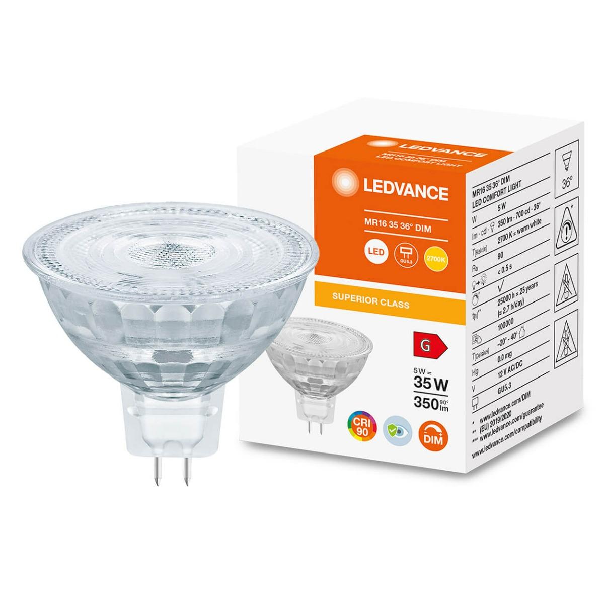 LED ŽIAROVKA MR16 5W TEPLÁ BIELA 36° CRI90 12V STMIEVATEĽNÁ LEDVANCE SUPERIOR