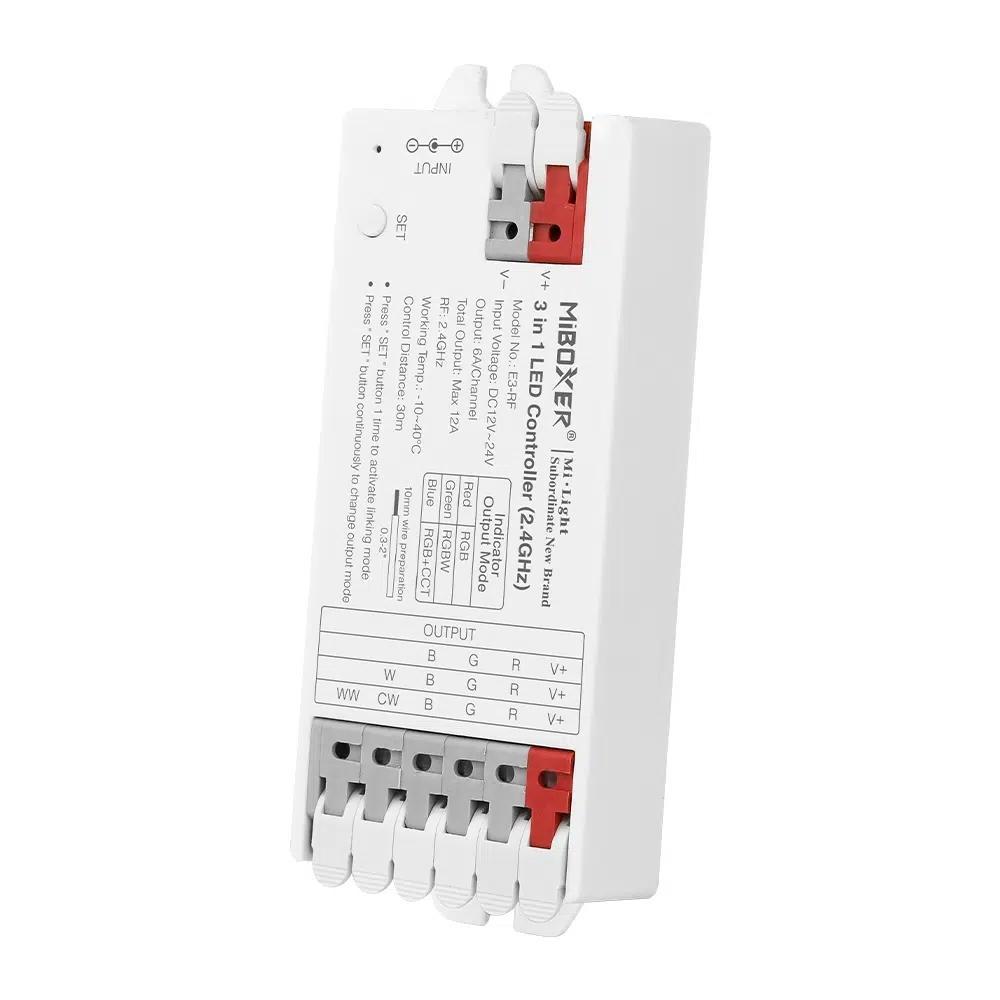 Ovládač MiBoxer E3-RF RGB / RGBW / RGBCCT 3v1 RF 2,4GHz 12V-24V 12A