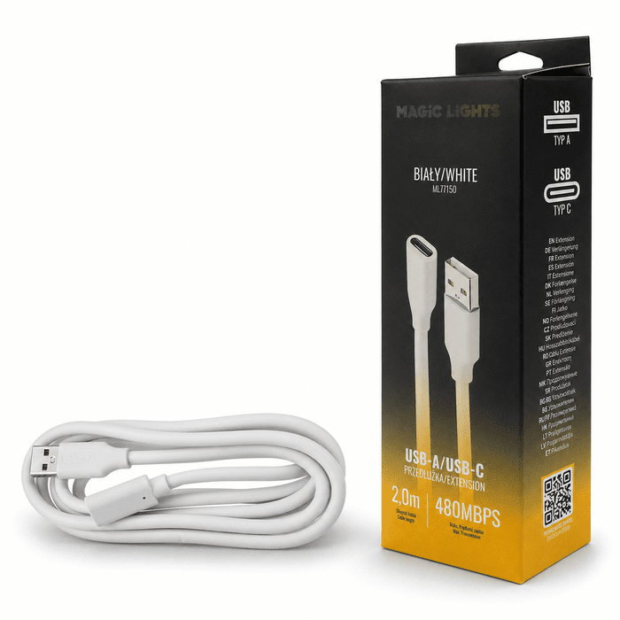 Predlžovací kábel USB-A – USB-C 2 m biely