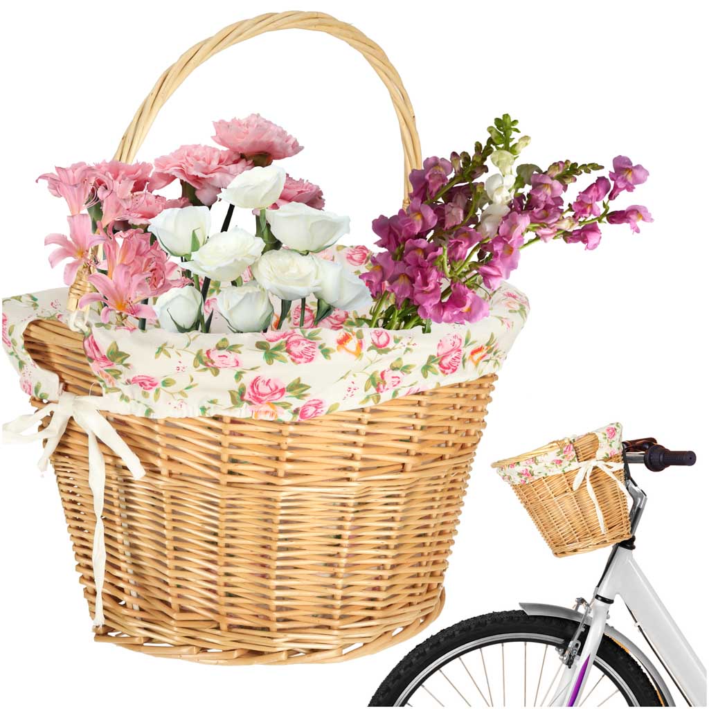 Prútený košík na bicykel s kvetinovou výstelkou