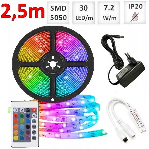 Sada 2.5m RGB LED pásik do interieru 30 SMD5050/m, 7.2W/m, IP20 + zdroj + RGB ovládač