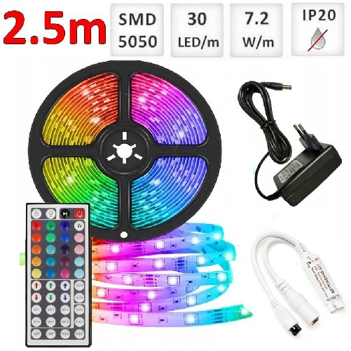 Sada 2.5m RGB LED pásik do interieru 30 SMD5050/m, 7.2W/m, IP20 + zdroj + RGB ovládač 44 tlač.