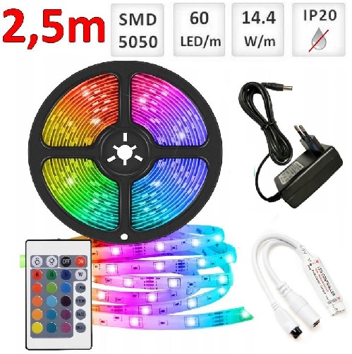 Sada 2.5m RGB LED pásik do interieru 60 SMD5050/m, 14.4W/m, IP20 + zdroj + RGB ovládač