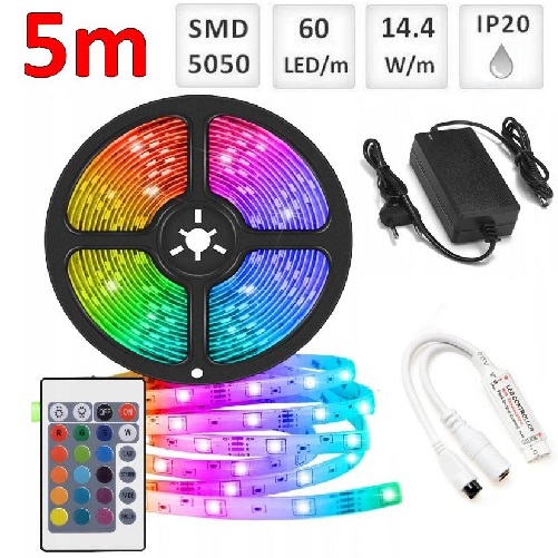 Sada 5m RGB LED pásik do interieru 60 SMD5050/m, 14.4W/m, IP20 + zdroj + RGB ovládač