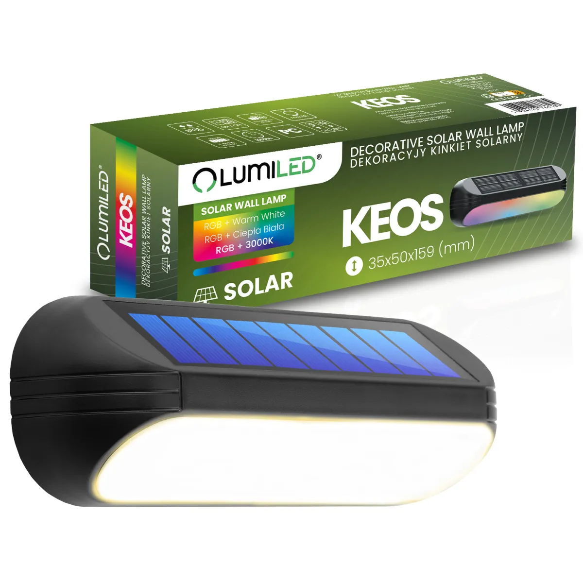 Solárne LED nástenné svietidlo KEOS 3000 K + RGB IP65