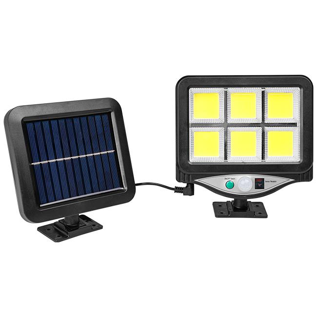Solárny LED reflektor5500–6000K IP44 – 6× COB LED, PIR senzor pohybu, diaľkové ovládanie, 3 režimy