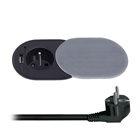 Vstavaná zásuvka Solight 1z + USB A+C 20W PD, 2m, strieborná