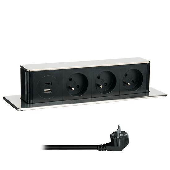 Solight výsuvný blok zásuviek 3× 230V + USB A+C 20W PD, 2 m, nerez
