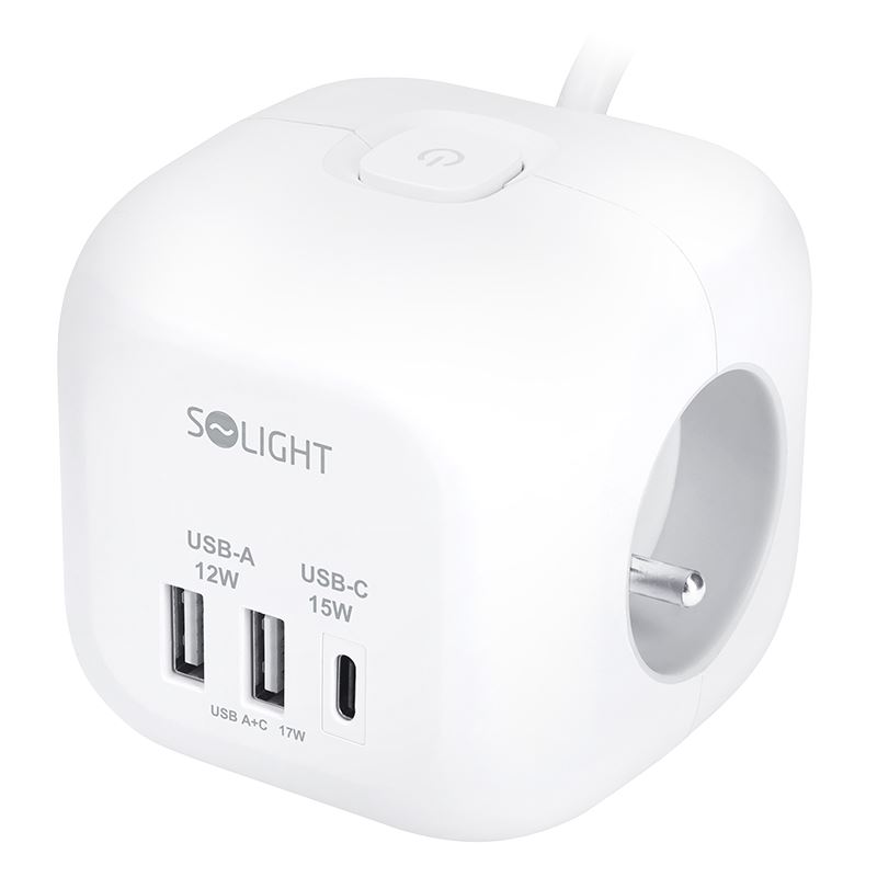 Solight 3× zásuvka + USB-A + USB-C predlžovací prívod – kocka, 2 m, biela, s vypínačom