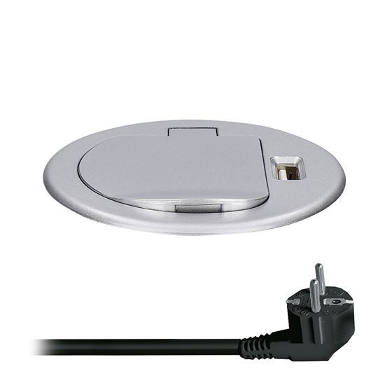 Solight USB vstavaná zásuvka s viečkom, 1 zásuvka, plast, dĺžka 1,5m, 3x 1mm2, USB 2100mA, strieborná