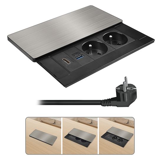 Solight vstavaný blok zásuviek s posuvným krytom – 2× 230V, HDMI, USB A + USB-C PD 20W, 2 m, strieborný