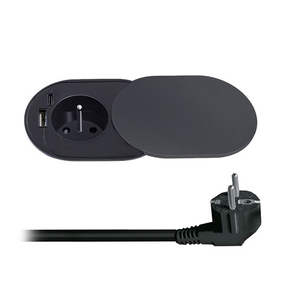 Solight vstavaná zásuvka s posuvným viečkom, USB A+C nabíječka, 2m, matná čierna