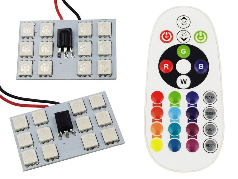 SÚPRAVA RGB LED PANELOV 12 SMD 5050 RGB DIAĽKOVÉ OVLÁDANIE  ADAPTÉRY C5W A W5W