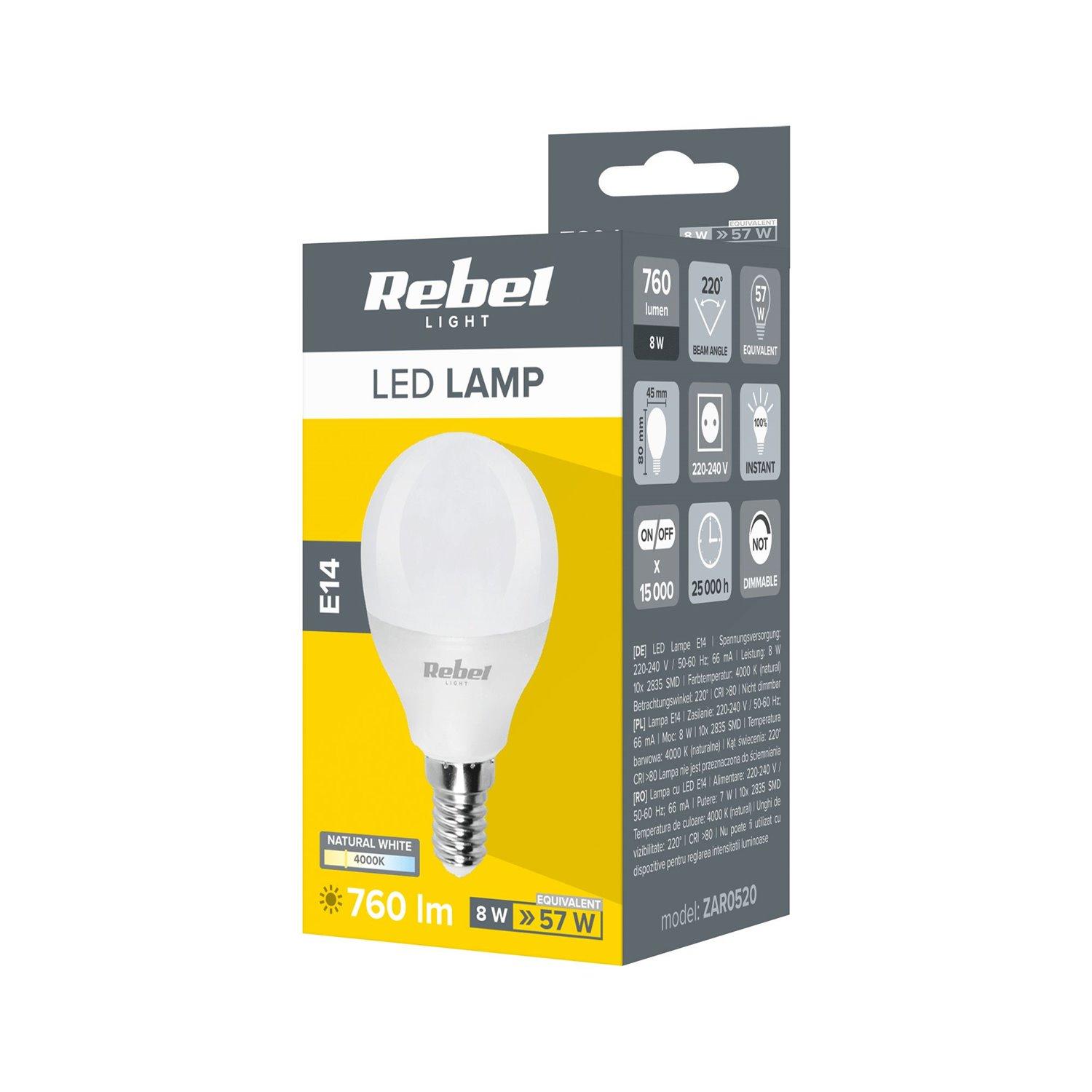 ŽIAROVKA LED G45 8W E14 4000K 230V REBEL